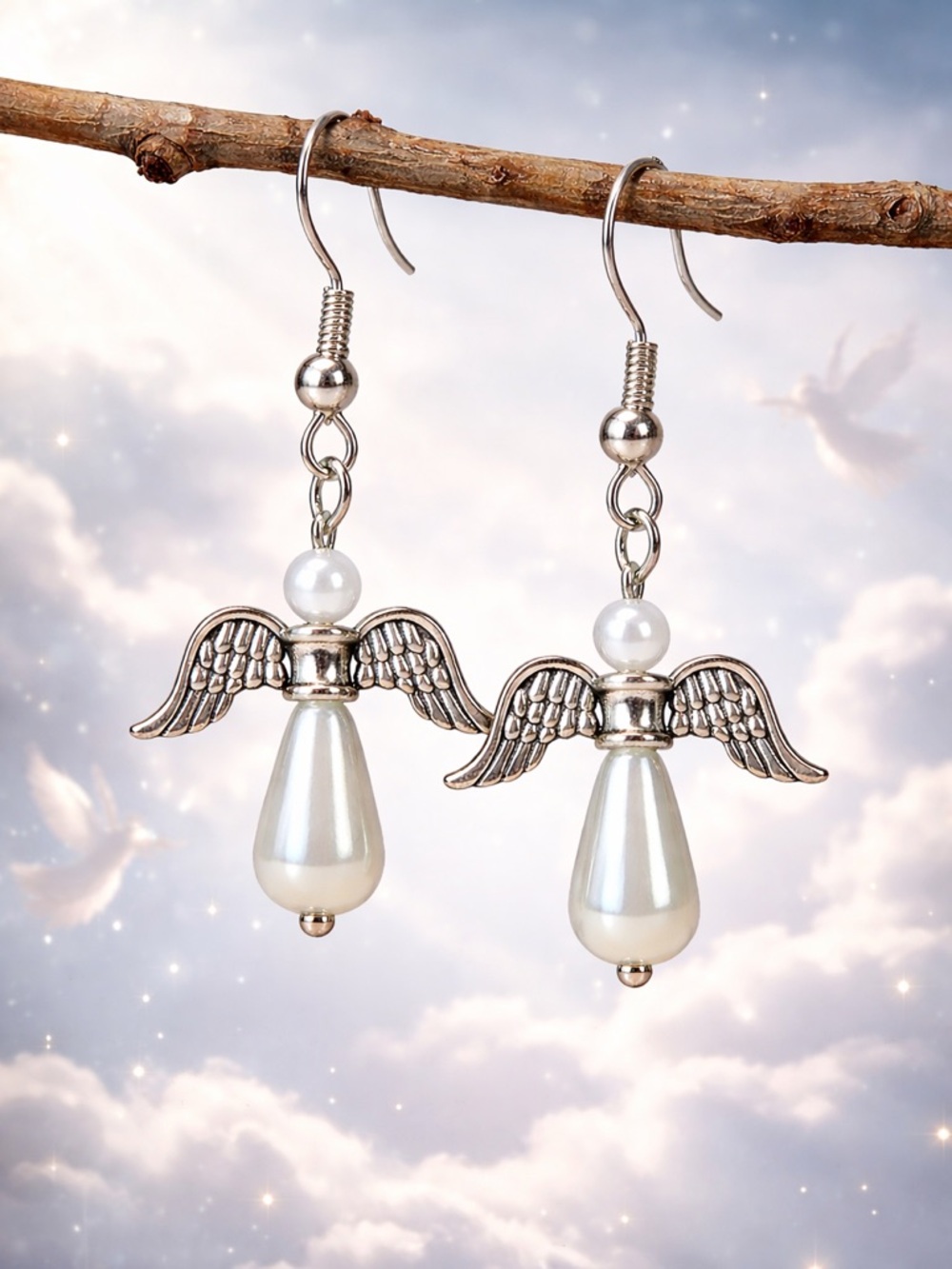 Silver Angel Wing Pear Tear Drop Earrings